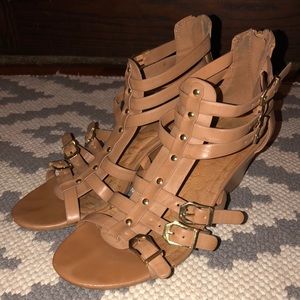 Charlotte Russe Tan Strappy Low Wedge Sandals